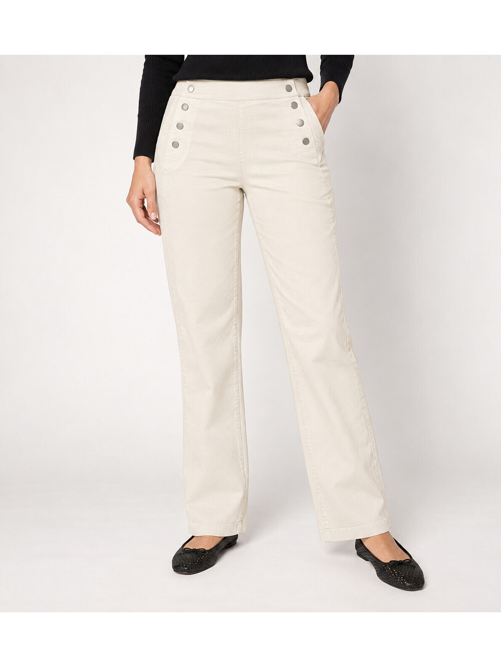 Susan Graver Trouser Twill Pants with Button Detail Ecru, Plus Petite 20